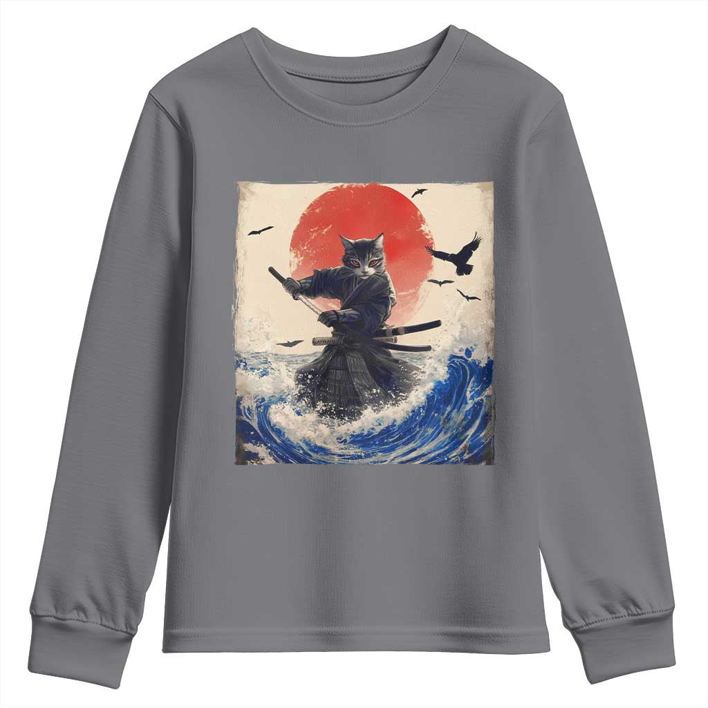 Samurai Cat Youth Sweatshirt Vintage Japanese Art Anime Ukiyo-e Warrior - Wonder Print Shop
