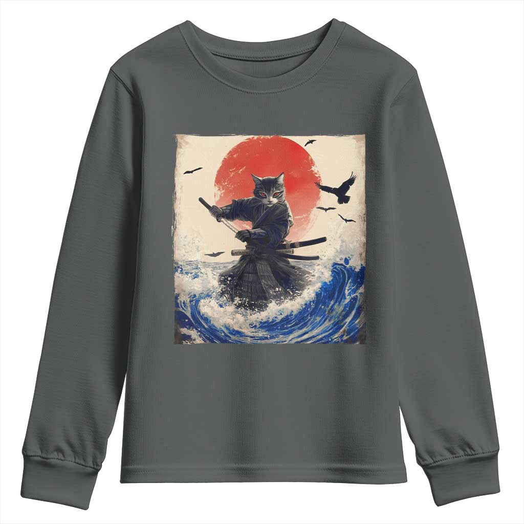 Samurai Cat Youth Sweatshirt Vintage Japanese Art Anime Ukiyo-e Warrior - Wonder Print Shop