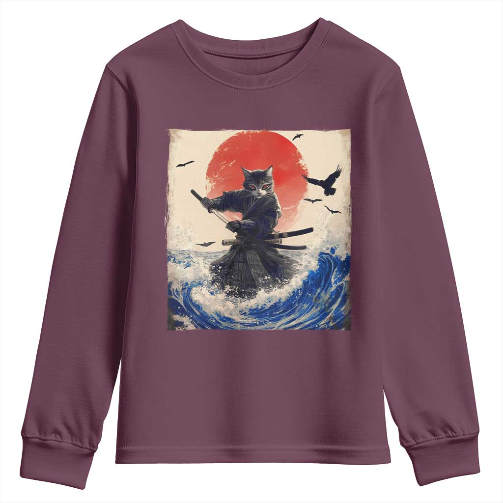 Samurai Cat Youth Sweatshirt Vintage Japanese Art Anime Ukiyo-e Warrior - Wonder Print Shop