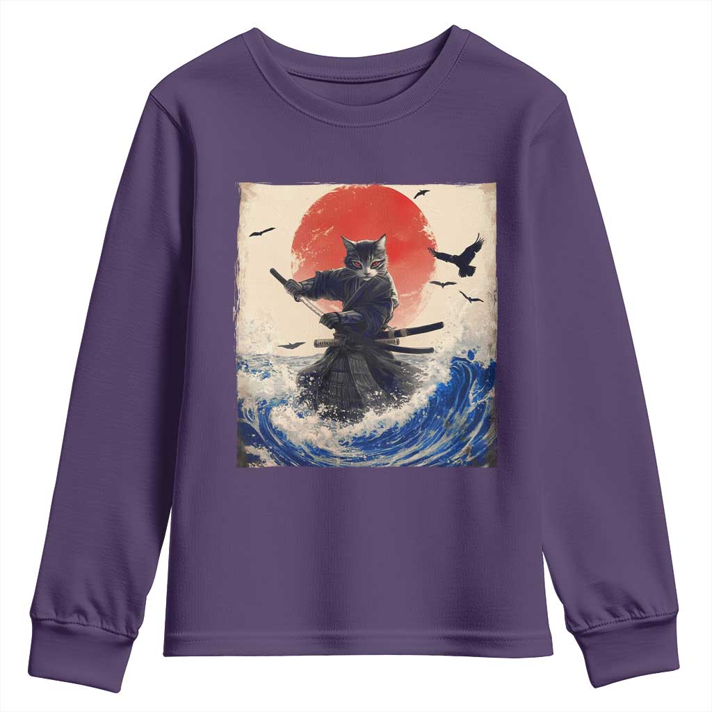 Samurai Cat Youth Sweatshirt Vintage Japanese Art Anime Ukiyo-e Warrior - Wonder Print Shop