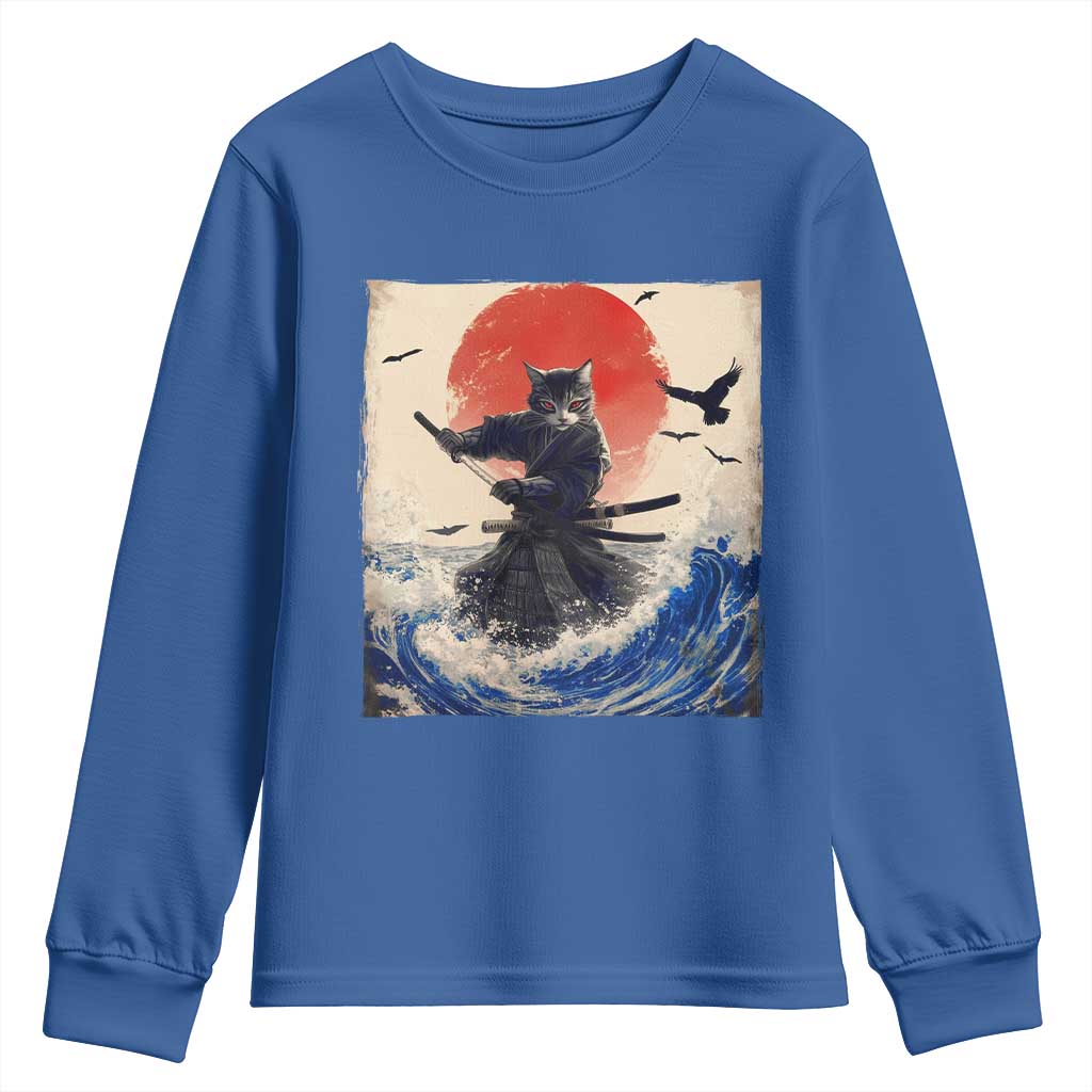Samurai Cat Youth Sweatshirt Vintage Japanese Art Anime Ukiyo-e Warrior - Wonder Print Shop