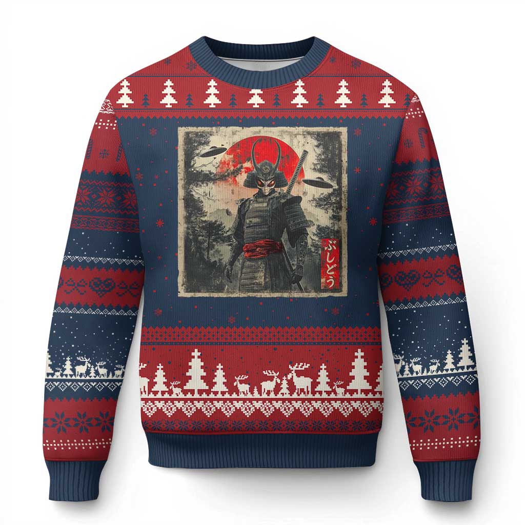 Alien Samurai Ugly Christmas Sweater Vintage Japanese Art UFO Funny Ukiyo-e Warrior