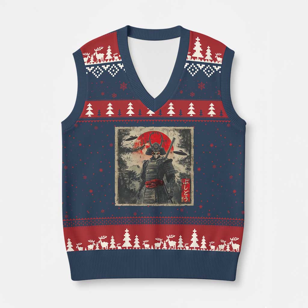 Alien Samurai V-Neck Knit Sweater Vest Vintage Japanese Art UFO Funny Ukiyo-e Warrior