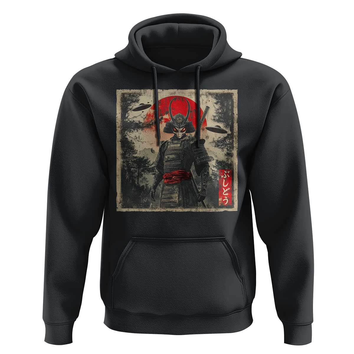 Alien Samurai Hoodie Vintage Japanese Art UFO Funny Ukiyo-e Warrior