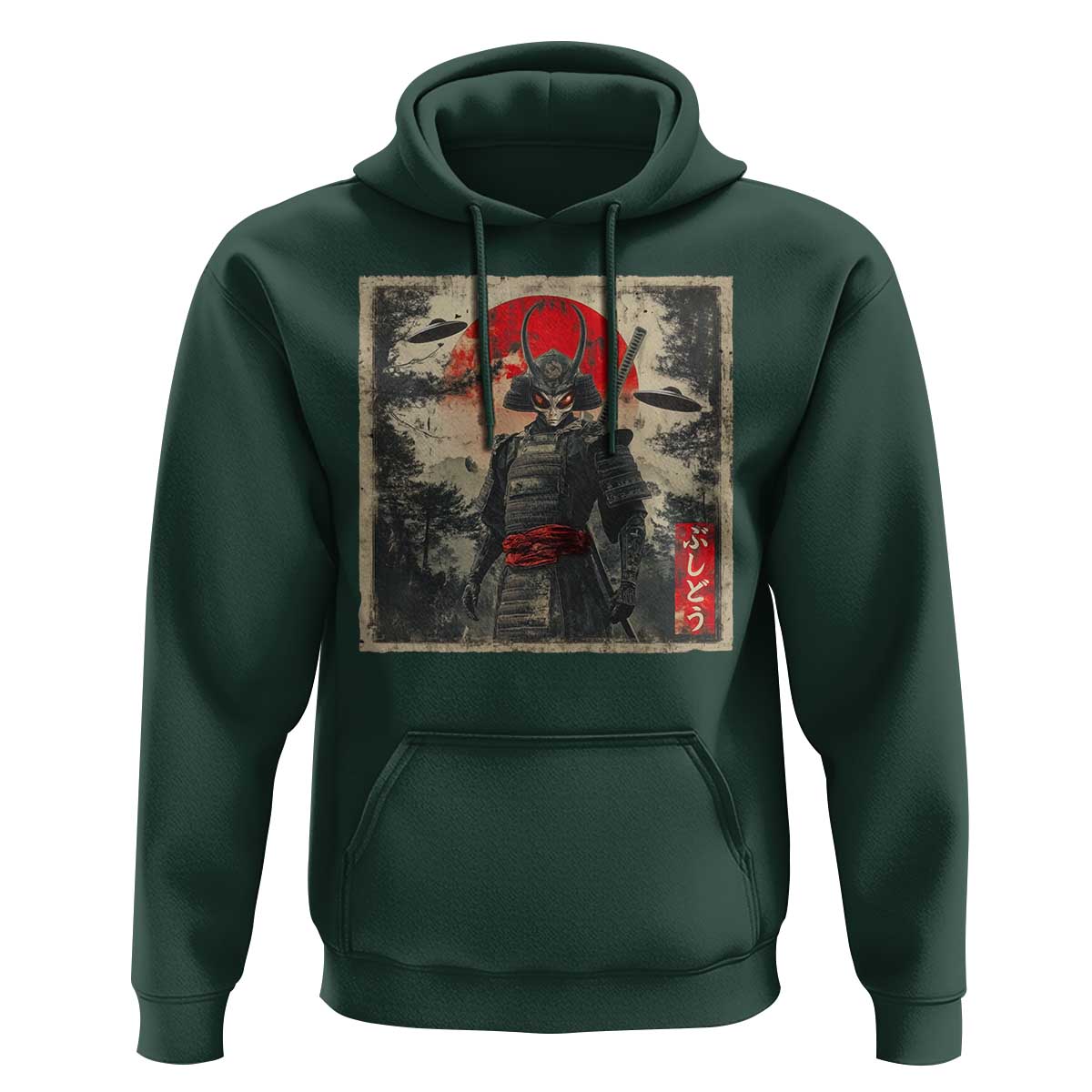 Alien Samurai Hoodie Vintage Japanese Art UFO Funny Ukiyo-e Warrior