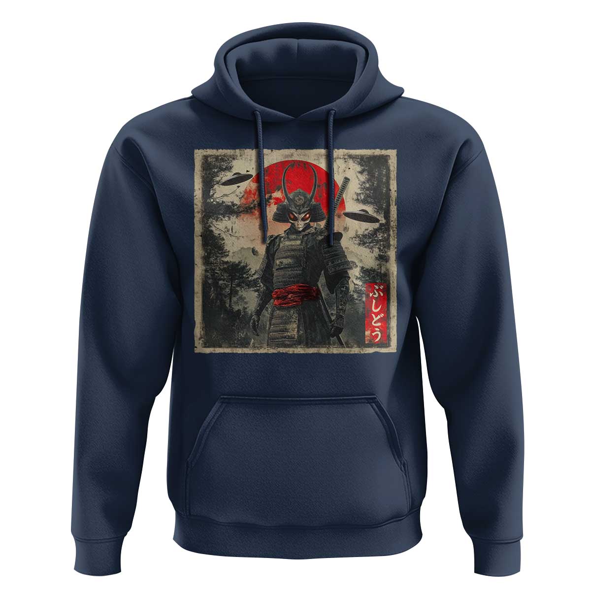 Alien Samurai Hoodie Vintage Japanese Art UFO Funny Ukiyo-e Warrior