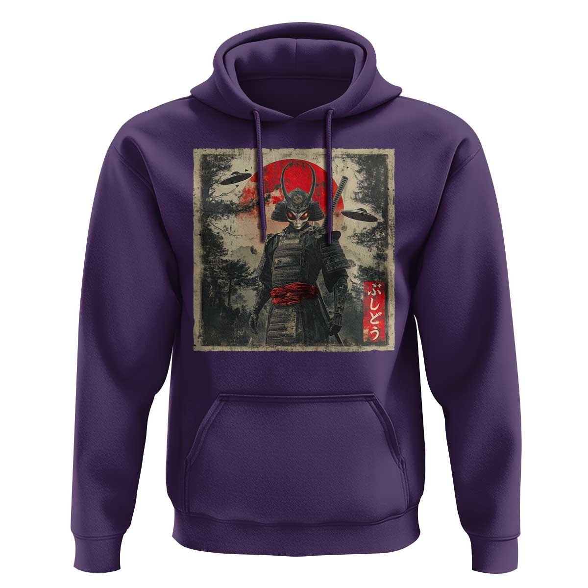 Alien Samurai Hoodie Vintage Japanese Art UFO Funny Ukiyo-e Warrior