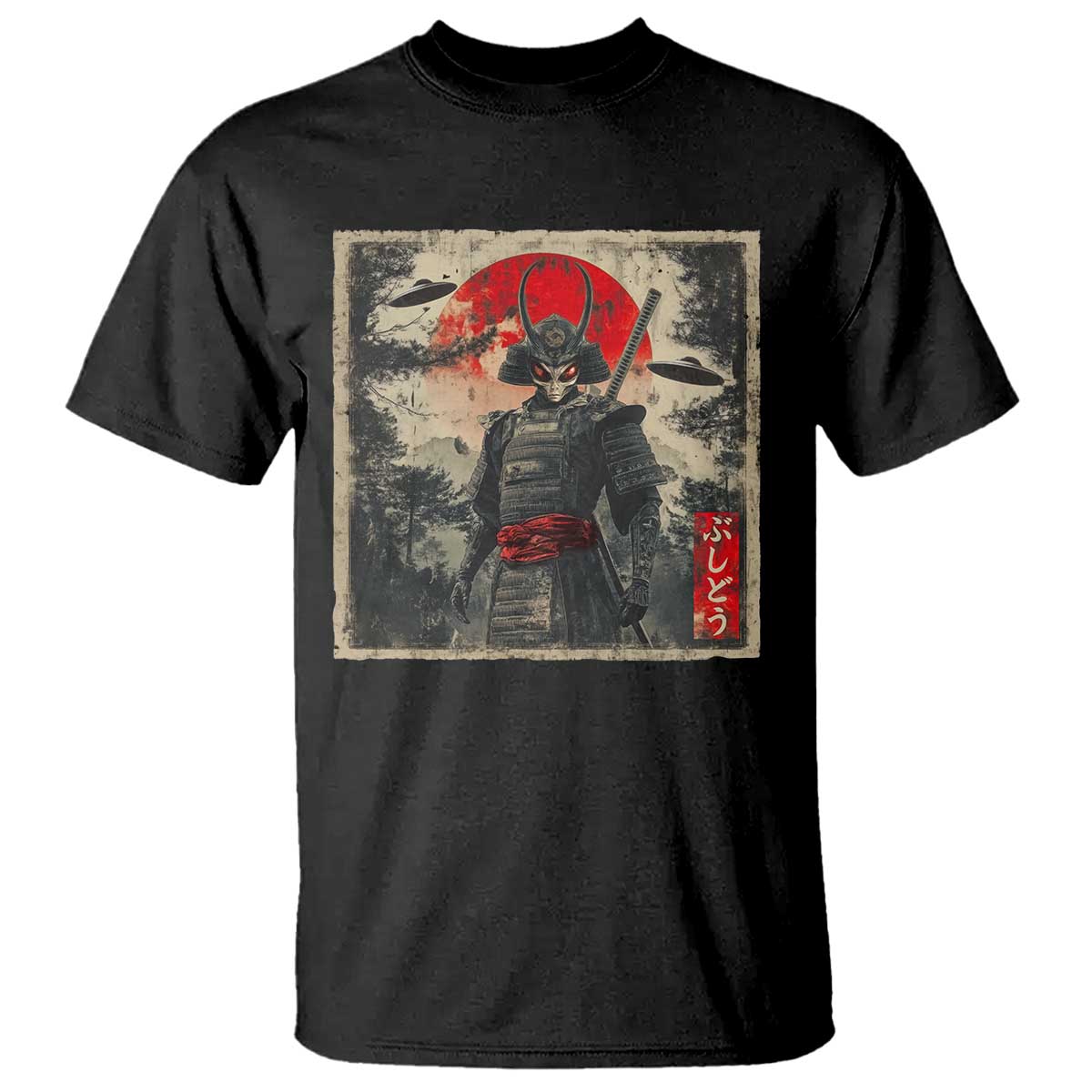 Alien Samurai T Shirt Vintage Japanese Art UFO Funny Ukiyo-e Warrior