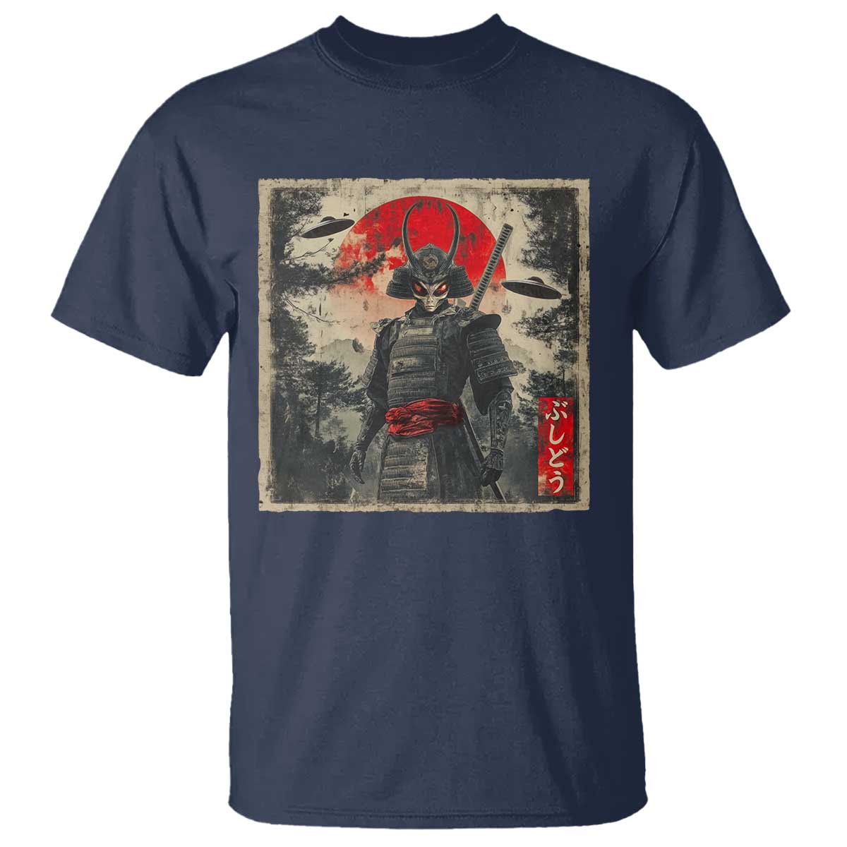 Alien Samurai T Shirt Vintage Japanese Art UFO Funny Ukiyo-e Warrior