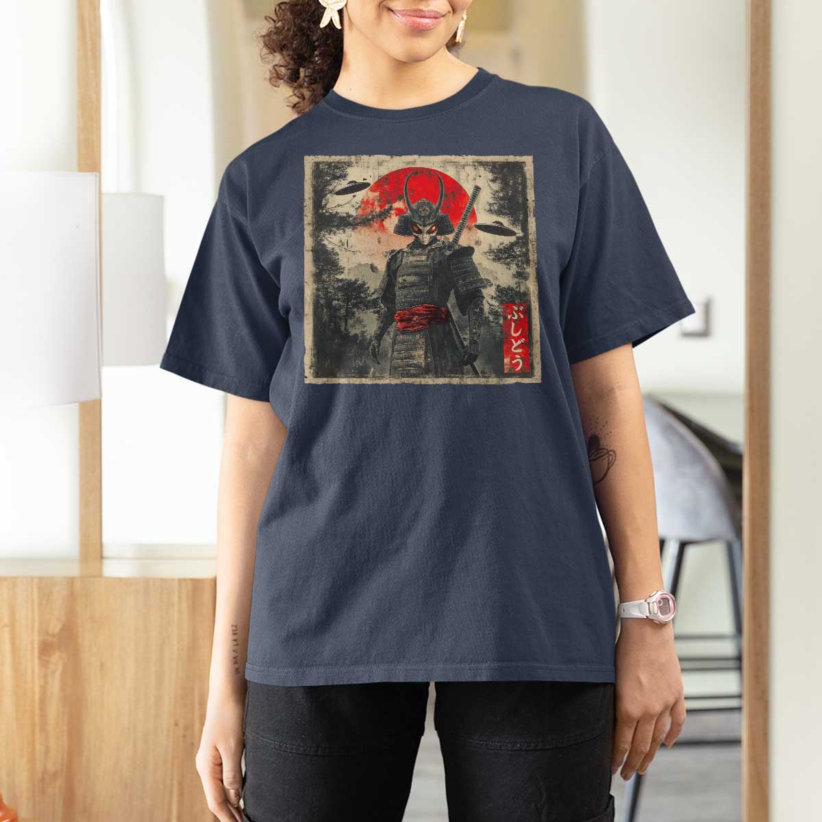 Alien Samurai T Shirt For Women Vintage Japanese Art UFO Funny Ukiyo-e Warrior
