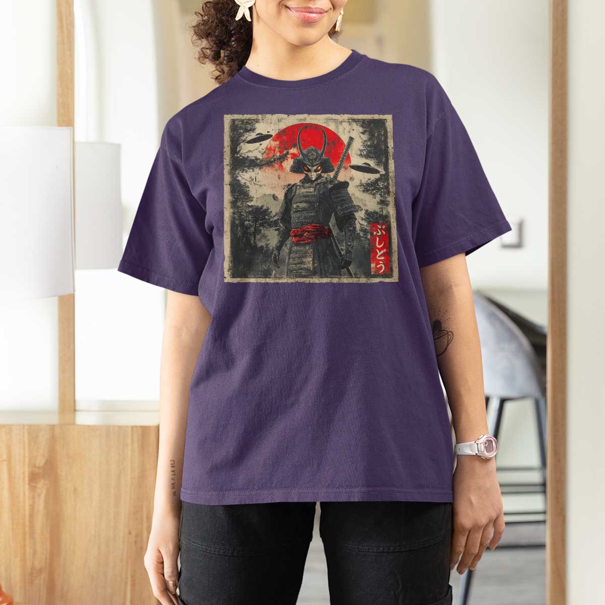 Alien Samurai T Shirt For Women Vintage Japanese Art UFO Funny Ukiyo-e Warrior