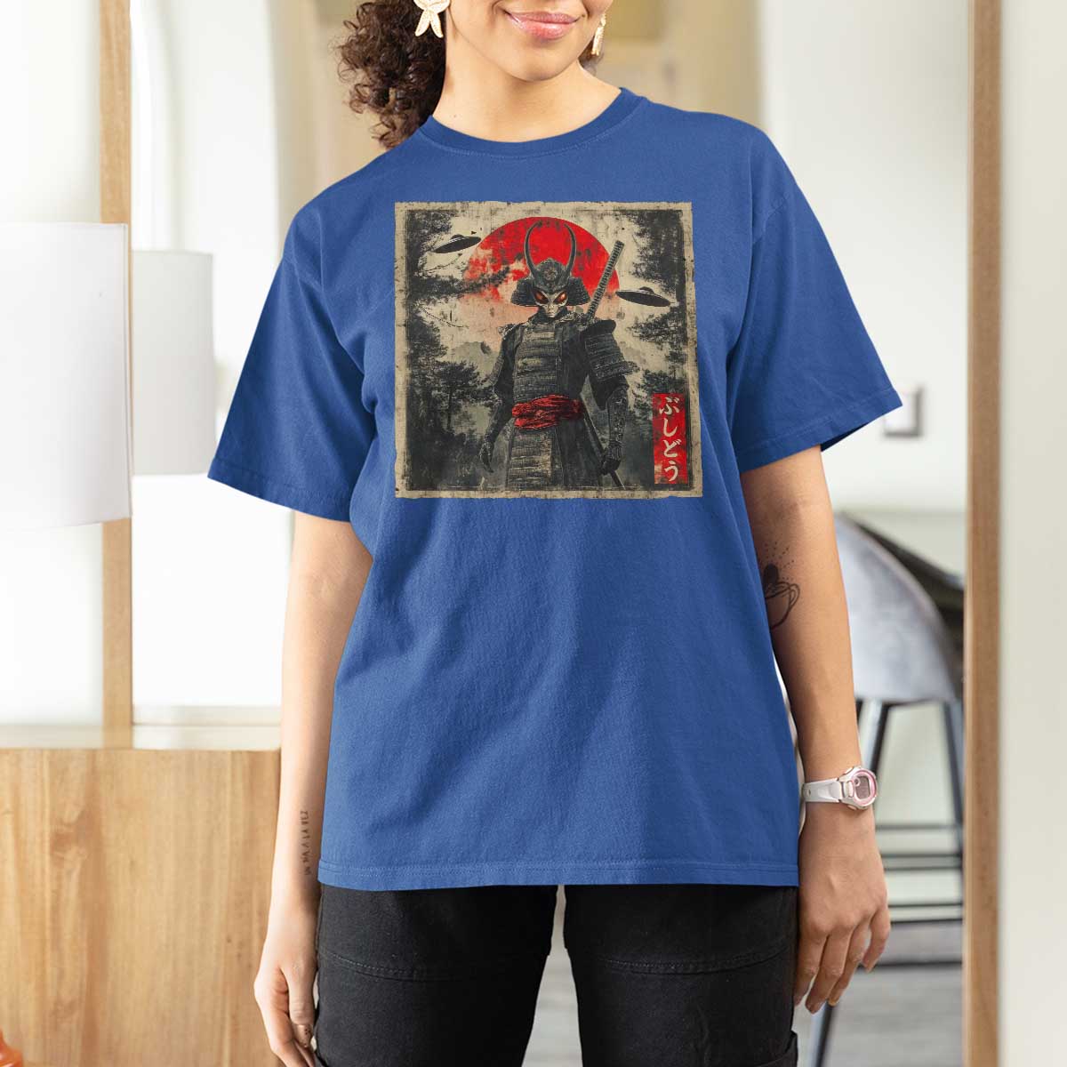 Alien Samurai T Shirt For Women Vintage Japanese Art UFO Funny Ukiyo-e Warrior