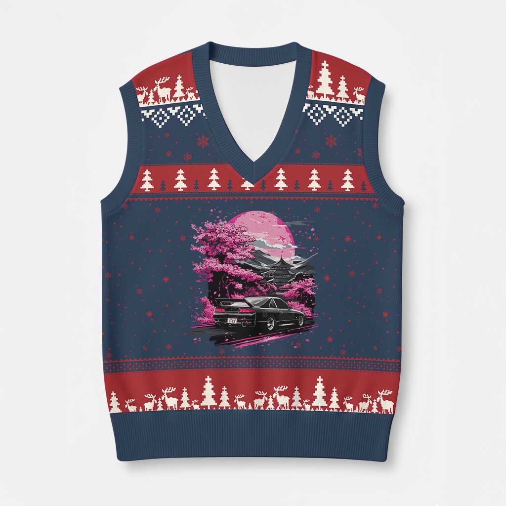 JDM Japanese V-Neck Knit Sweater Vest Tokyo Japan Drift Race Car Mount Fuji Cherry Blossom Sakura - Wonder Print Shop