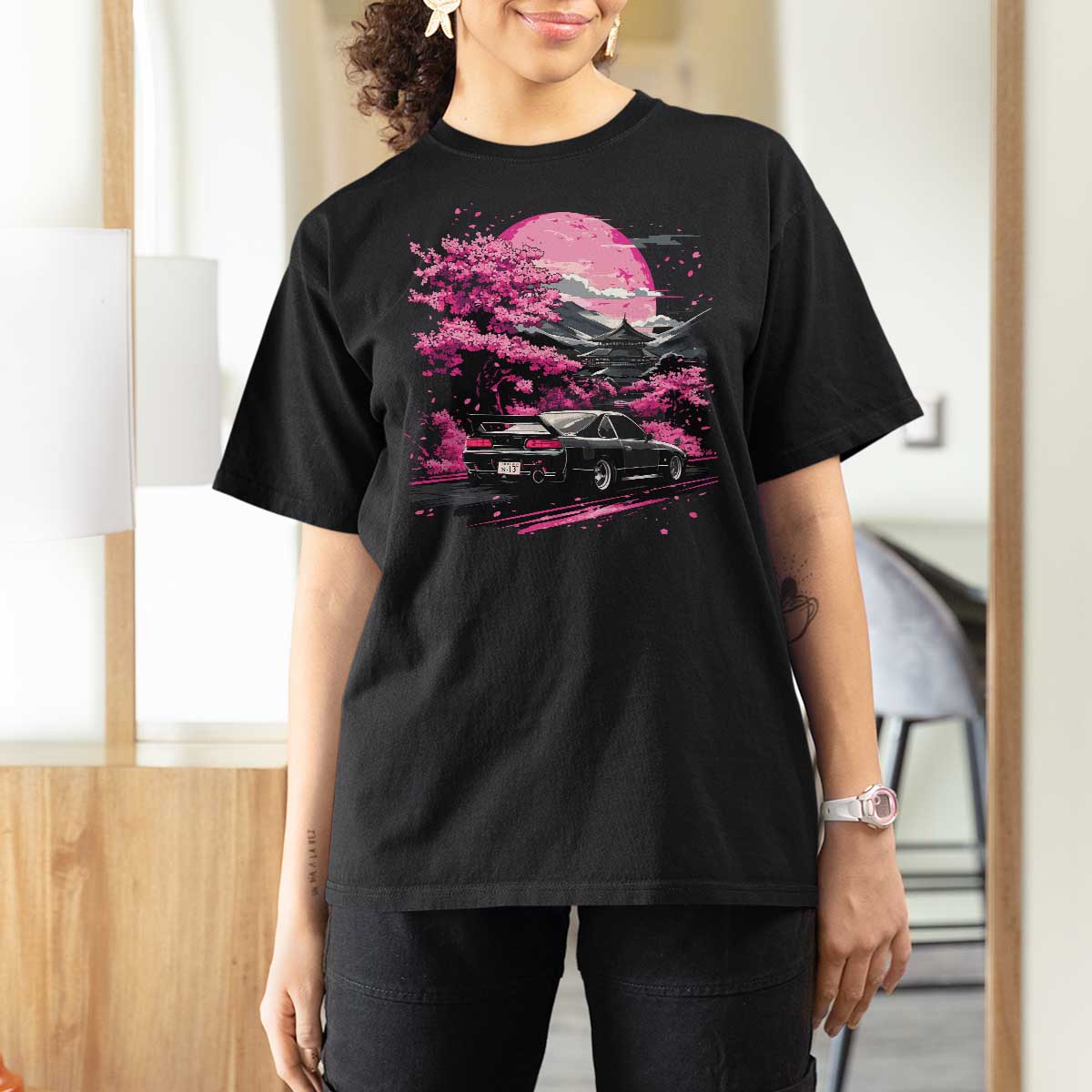 JDM Japanese T Shirt For Women Tokyo Japan Drift Race Car Mount Fuji Cherry Blossom Sakura - Wonder Print Shop