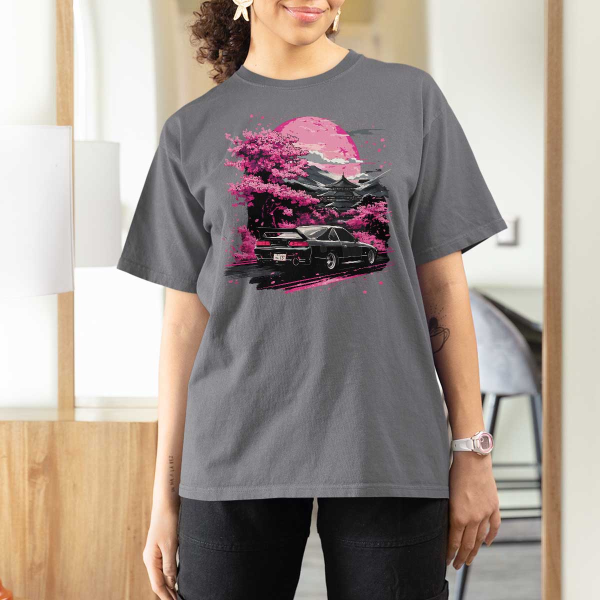JDM Japanese T Shirt For Women Tokyo Japan Drift Race Car Mount Fuji Cherry Blossom Sakura - Wonder Print Shop