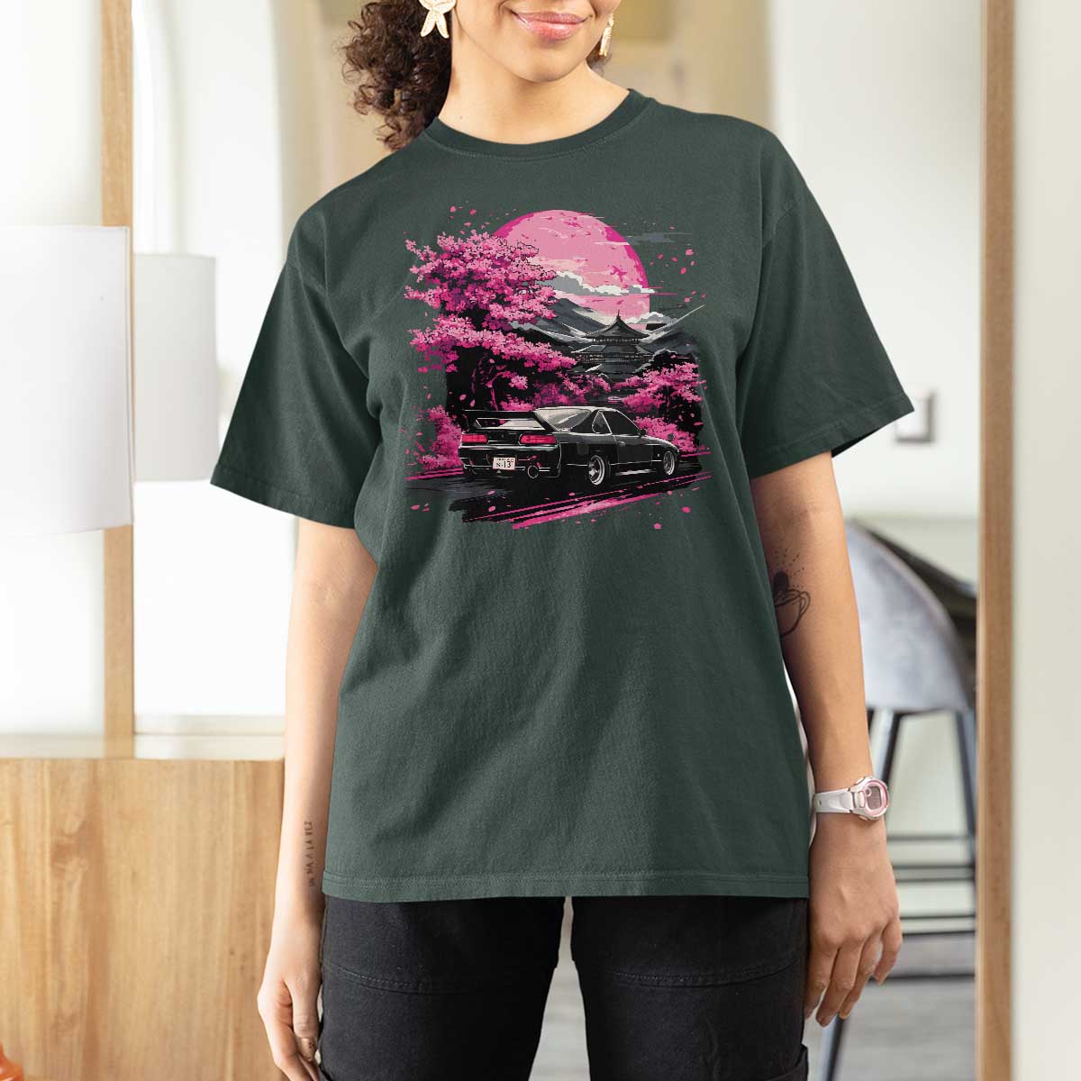 JDM Japanese T Shirt For Women Tokyo Japan Drift Race Car Mount Fuji Cherry Blossom Sakura - Wonder Print Shop