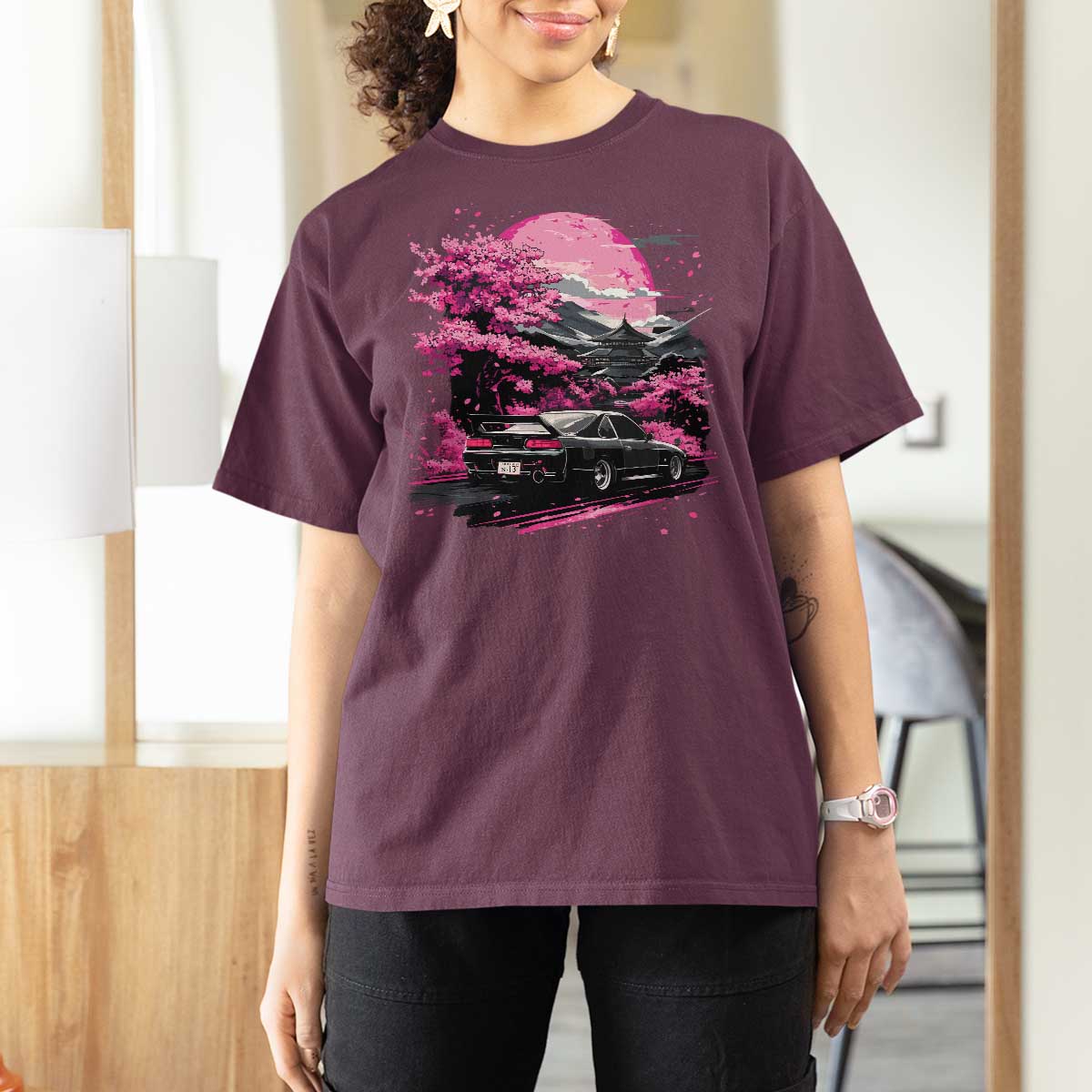 JDM Japanese T Shirt For Women Tokyo Japan Drift Race Car Mount Fuji Cherry Blossom Sakura - Wonder Print Shop