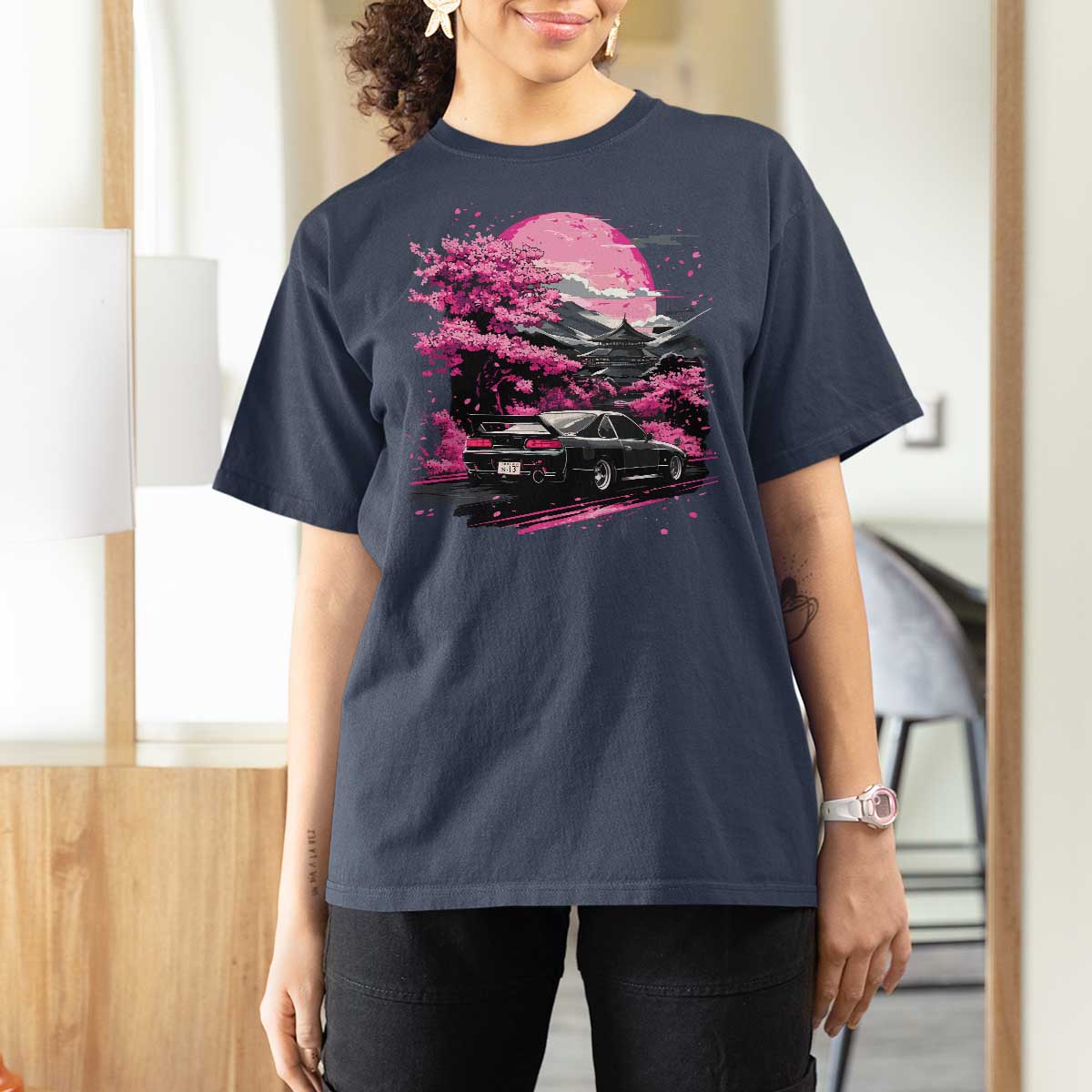 JDM Japanese T Shirt For Women Tokyo Japan Drift Race Car Mount Fuji Cherry Blossom Sakura - Wonder Print Shop