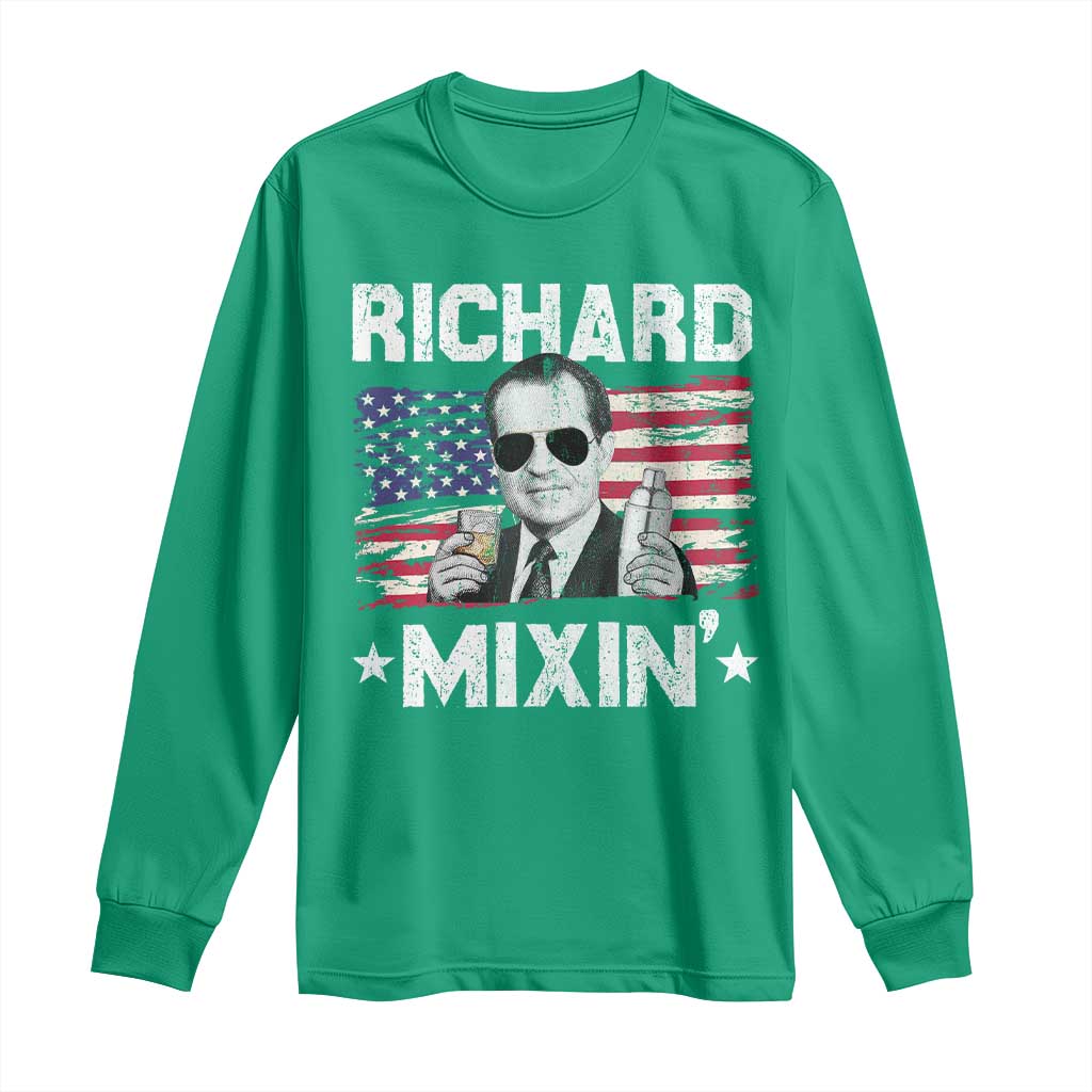 Funny 4th of July Richard Nixon Mixin Long Sleeve Shirt Patriotic Bartender American Flag - Wonder Print Shop