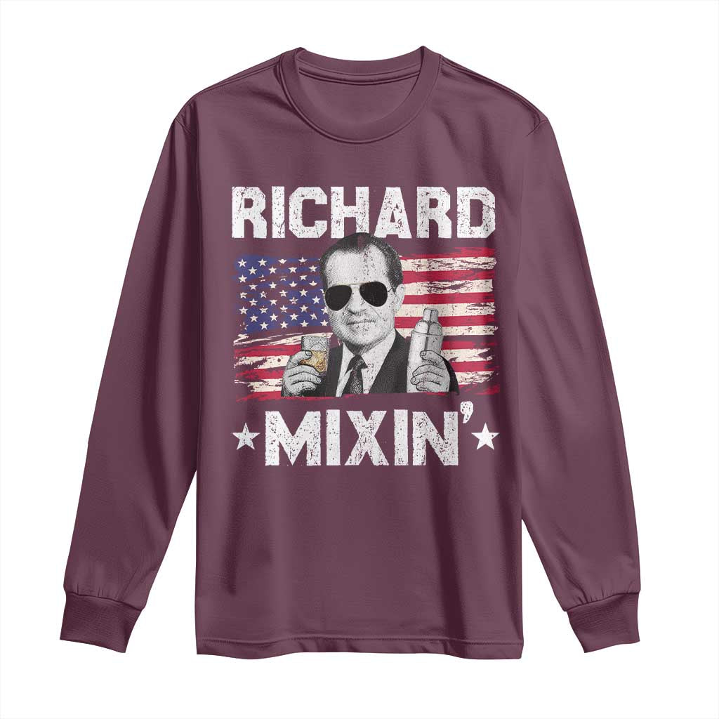 Funny 4th of July Richard Nixon Mixin Long Sleeve Shirt Patriotic Bartender American Flag - Wonder Print Shop