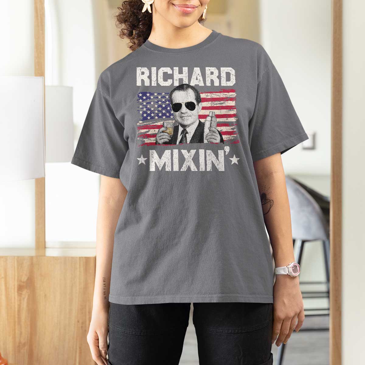 Funny 4th of July Richard Nixon Mixin T Shirt For Women Patriotic Bartender American Flag - Wonder Print Shop