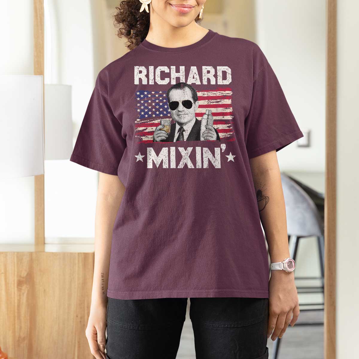 Funny 4th of July Richard Nixon Mixin T Shirt For Women Patriotic Bartender American Flag - Wonder Print Shop