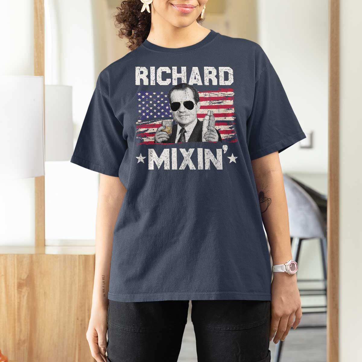 Funny 4th of July Richard Nixon Mixin T Shirt For Women Patriotic Bartender American Flag - Wonder Print Shop