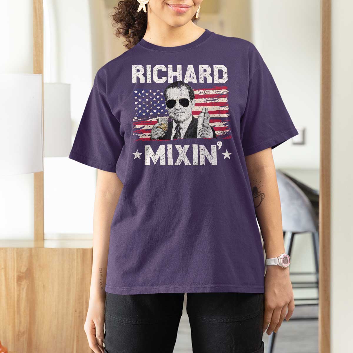 Funny 4th of July Richard Nixon Mixin T Shirt For Women Patriotic Bartender American Flag - Wonder Print Shop