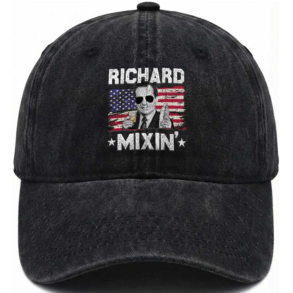 Funny 4th of July Richard Nixon Mixin Washed Cotton Baseball Cap Patriotic Bartender American Flag