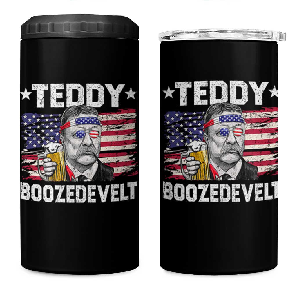 Funny Theodore Roosevelt 4th Of July 4 in 1 Can Cooler Tumbler Teddy Boozedevelt Drinking American Flag - Wonder Print Shop