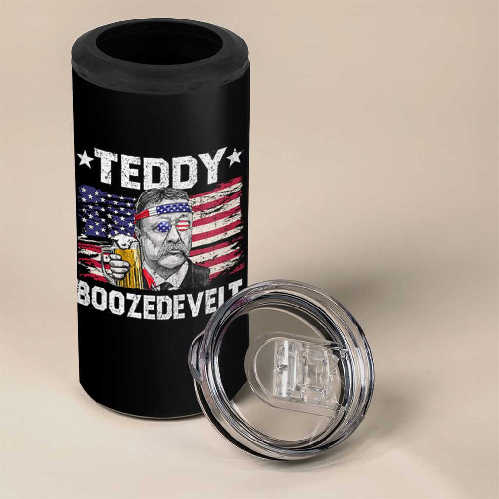 Funny Theodore Roosevelt 4th Of July 4 in 1 Can Cooler Tumbler Teddy Boozedevelt Drinking American Flag - Wonder Print Shop