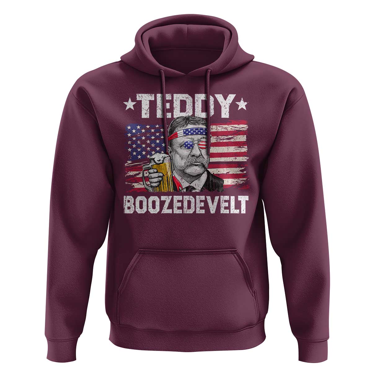 Funny Theodore Roosevelt 4th Of July Hoodie Teddy Boozedevelt Drinking American Flag - Wonder Print Shop