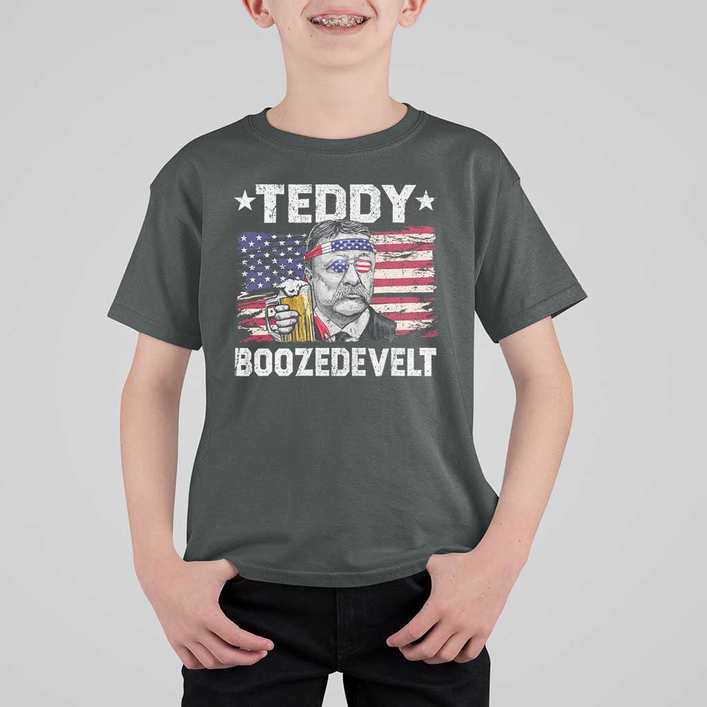 Funny Theodore Roosevelt 4th Of July T Shirt For Kid Teddy Boozedevelt Drinking American Flag - Wonder Print Shop