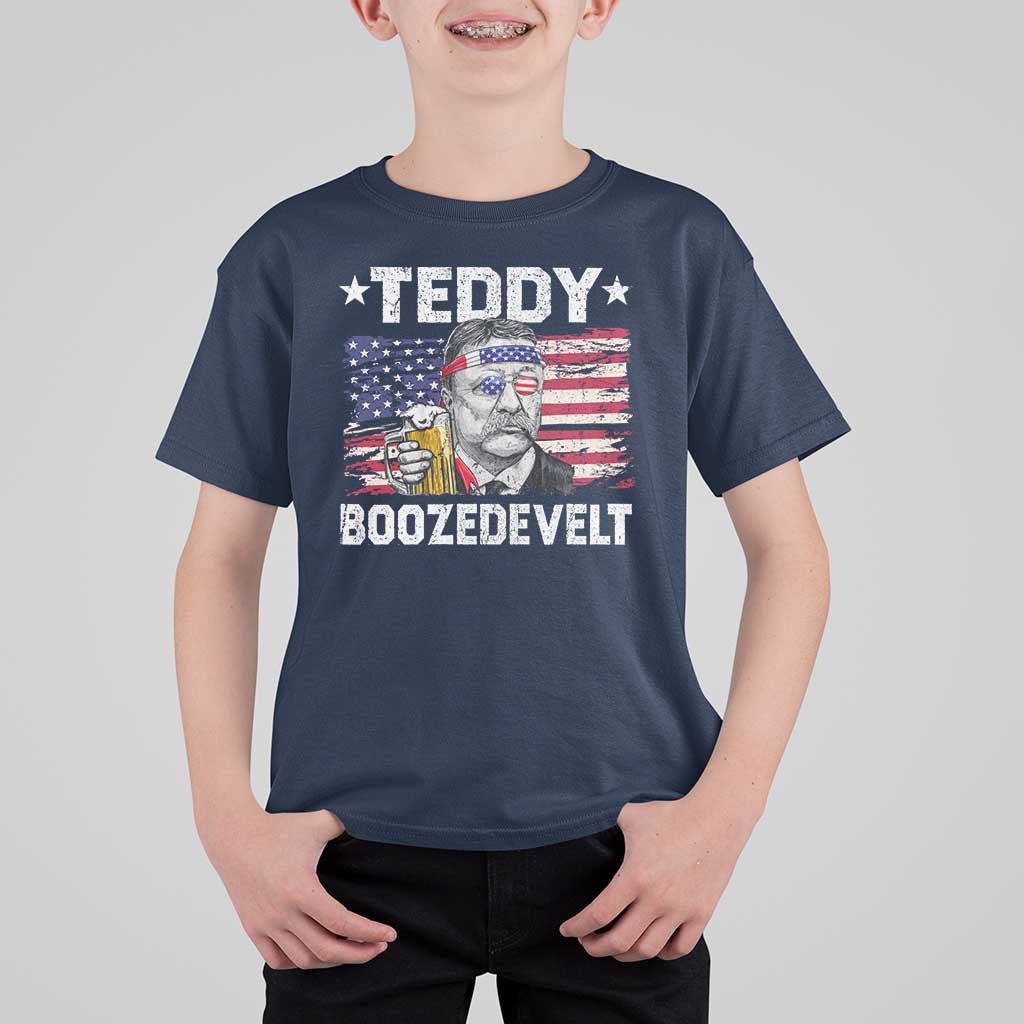 Funny Theodore Roosevelt 4th Of July T Shirt For Kid Teddy Boozedevelt Drinking American Flag - Wonder Print Shop