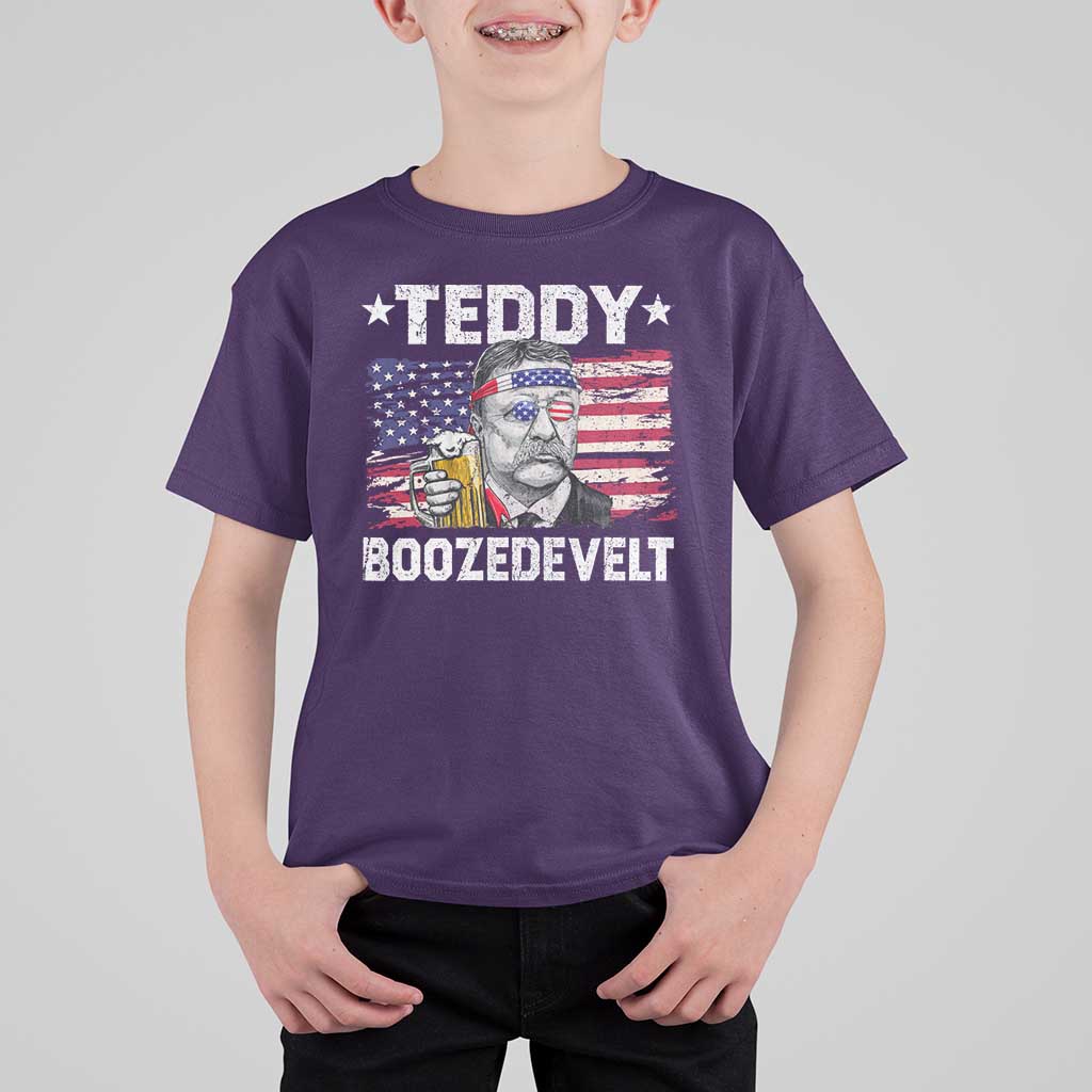 Funny Theodore Roosevelt 4th Of July T Shirt For Kid Teddy Boozedevelt Drinking American Flag - Wonder Print Shop