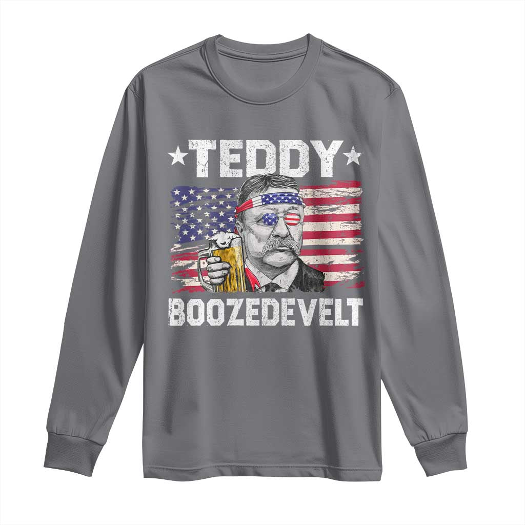 Funny Theodore Roosevelt 4th Of July Long Sleeve Shirt Teddy Boozedevelt Drinking American Flag - Wonder Print Shop