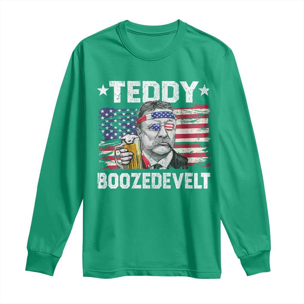 Funny Theodore Roosevelt 4th Of July Long Sleeve Shirt Teddy Boozedevelt Drinking American Flag - Wonder Print Shop
