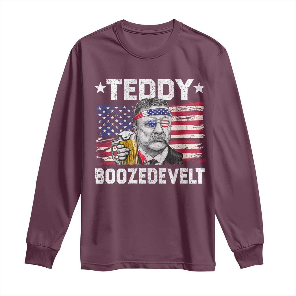 Funny Theodore Roosevelt 4th Of July Long Sleeve Shirt Teddy Boozedevelt Drinking American Flag - Wonder Print Shop