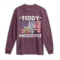 Funny Theodore Roosevelt 4th Of July Long Sleeve Shirt Teddy Boozedevelt Drinking American Flag - Wonder Print Shop
