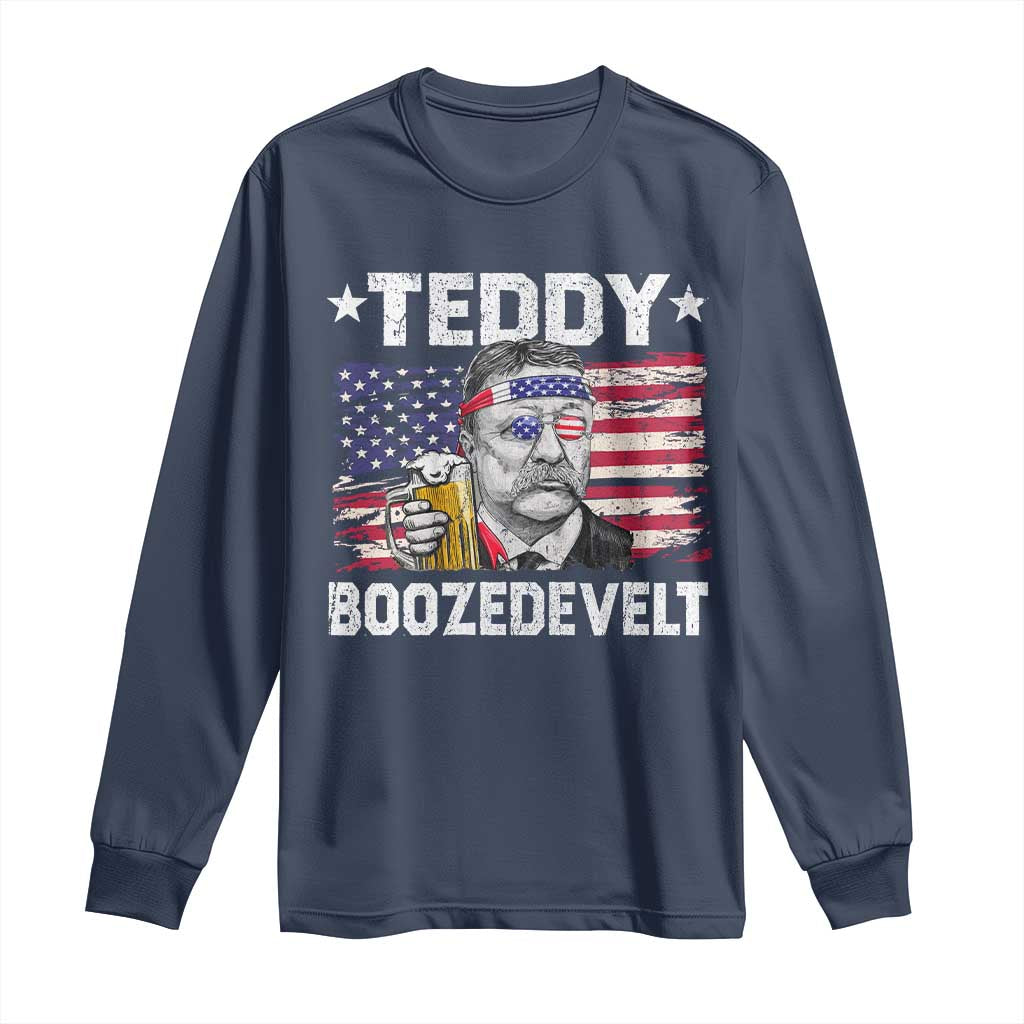 Funny Theodore Roosevelt 4th Of July Long Sleeve Shirt Teddy Boozedevelt Drinking American Flag - Wonder Print Shop