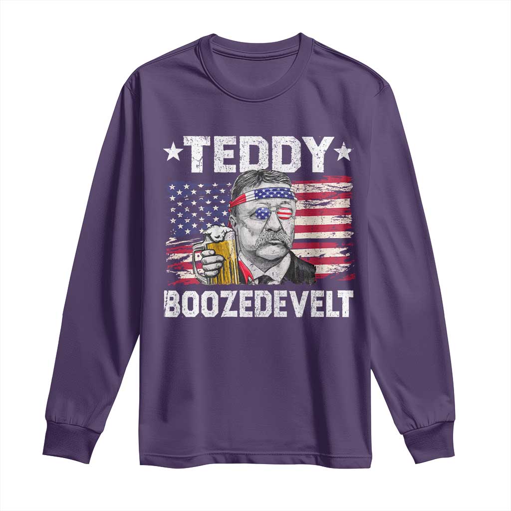 Funny Theodore Roosevelt 4th Of July Long Sleeve Shirt Teddy Boozedevelt Drinking American Flag - Wonder Print Shop