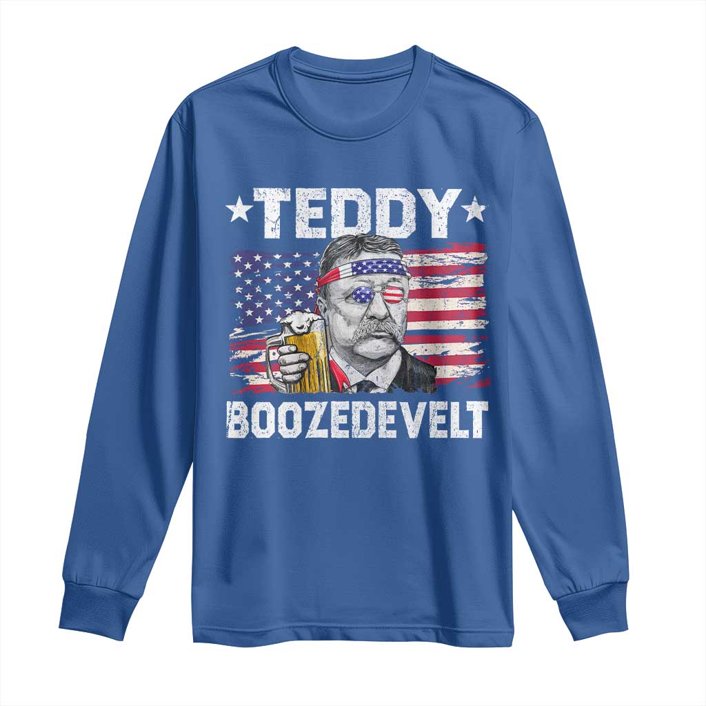 Funny Theodore Roosevelt 4th Of July Long Sleeve Shirt Teddy Boozedevelt Drinking American Flag - Wonder Print Shop
