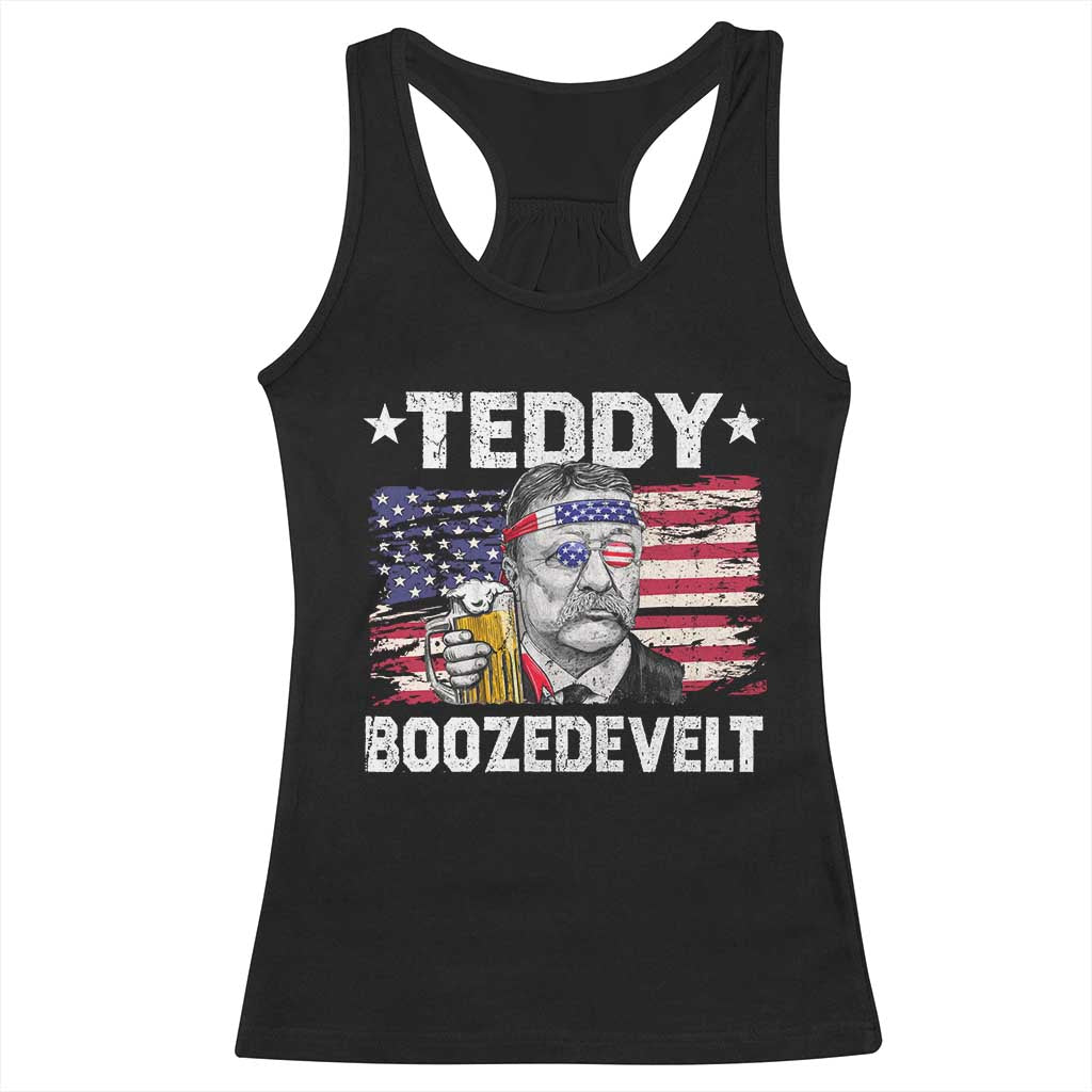Funny Theodore Roosevelt 4th Of July Racerback Tank Top Teddy Boozedevelt Drinking American Flag - Wonder Print Shop