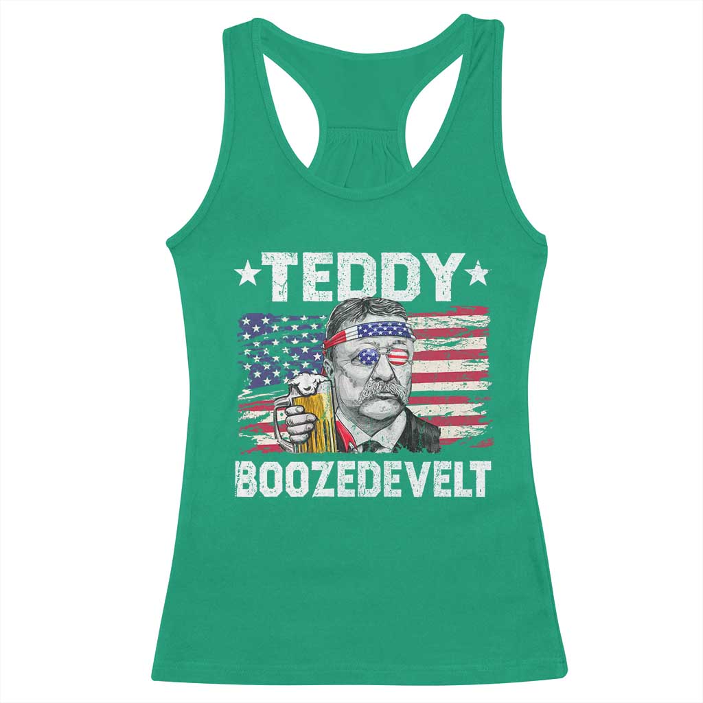 Funny Theodore Roosevelt 4th Of July Racerback Tank Top Teddy Boozedevelt Drinking American Flag - Wonder Print Shop
