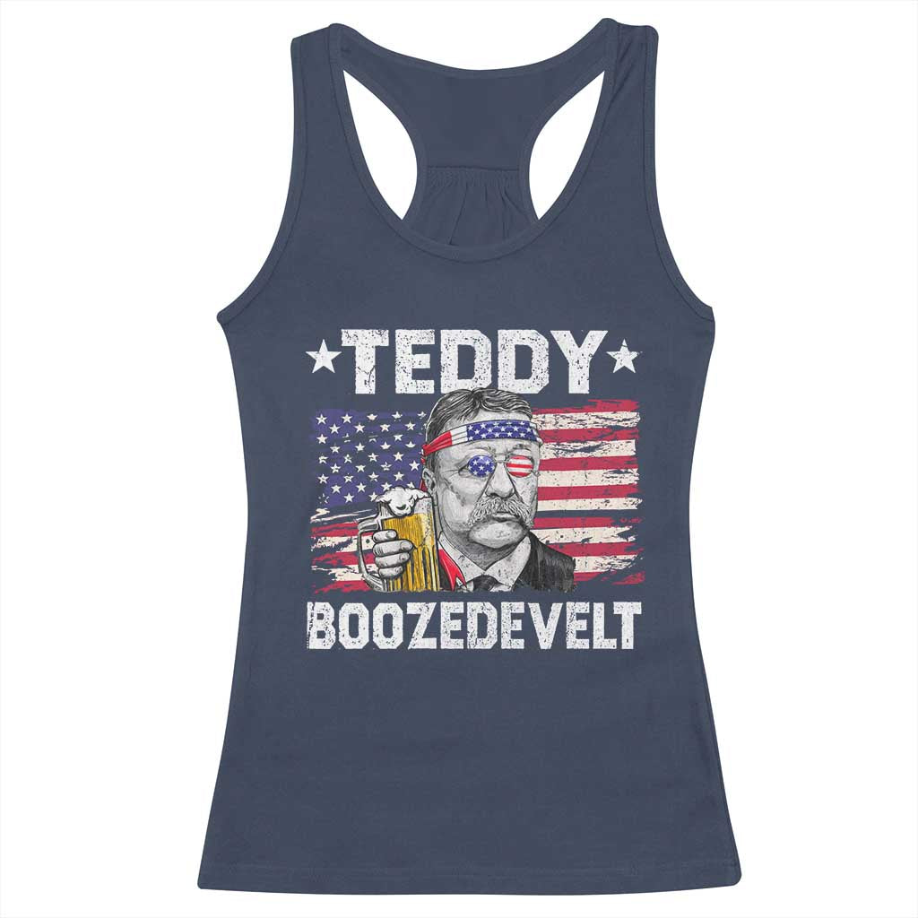 Funny Theodore Roosevelt 4th Of July Racerback Tank Top Teddy Boozedevelt Drinking American Flag - Wonder Print Shop