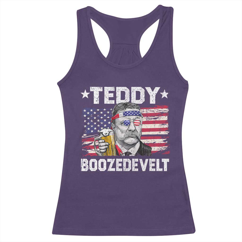 Funny Theodore Roosevelt 4th Of July Racerback Tank Top Teddy Boozedevelt Drinking American Flag - Wonder Print Shop