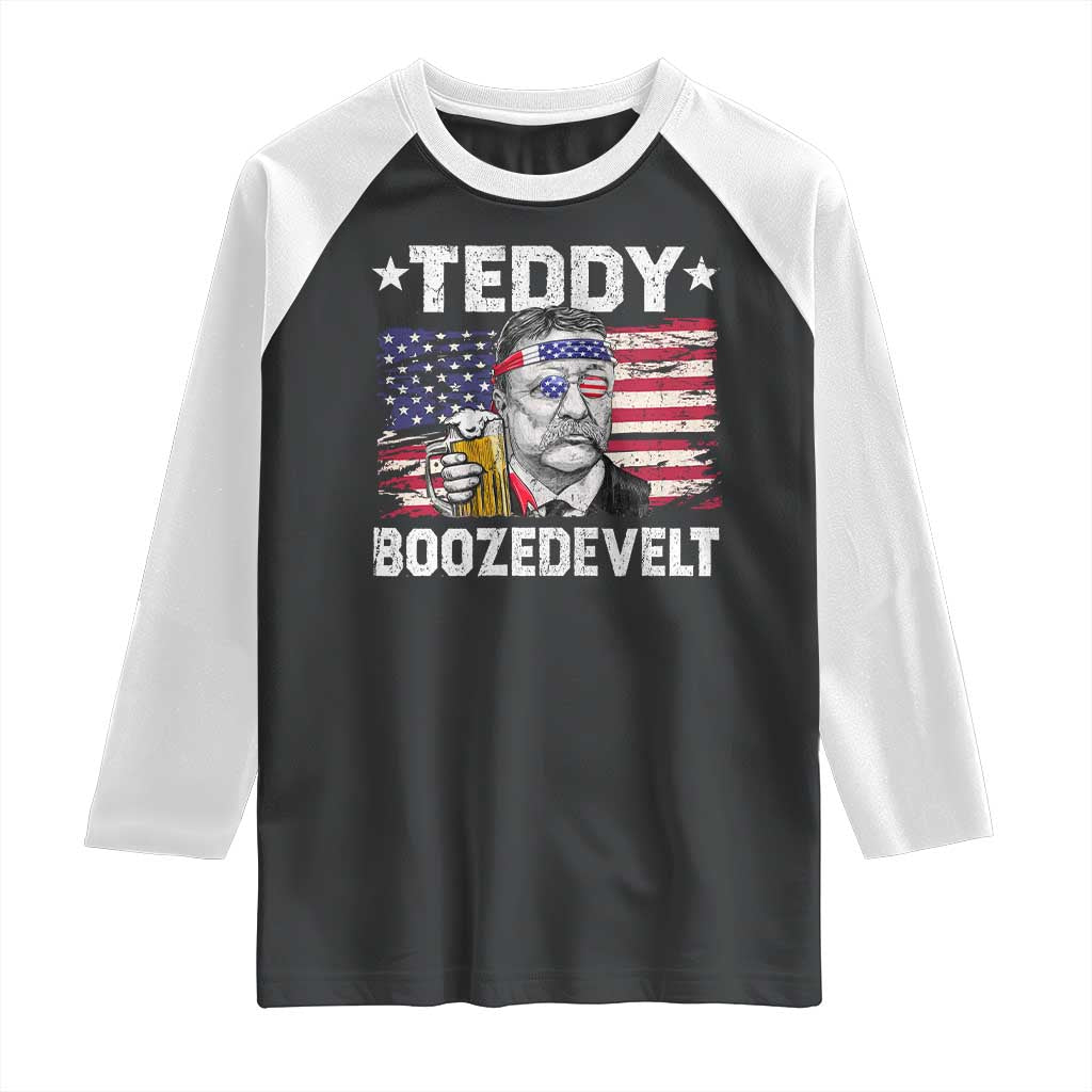 Funny Theodore Roosevelt 4th Of July Raglan Shirt Teddy Boozedevelt Drinking American Flag - Wonder Print Shop