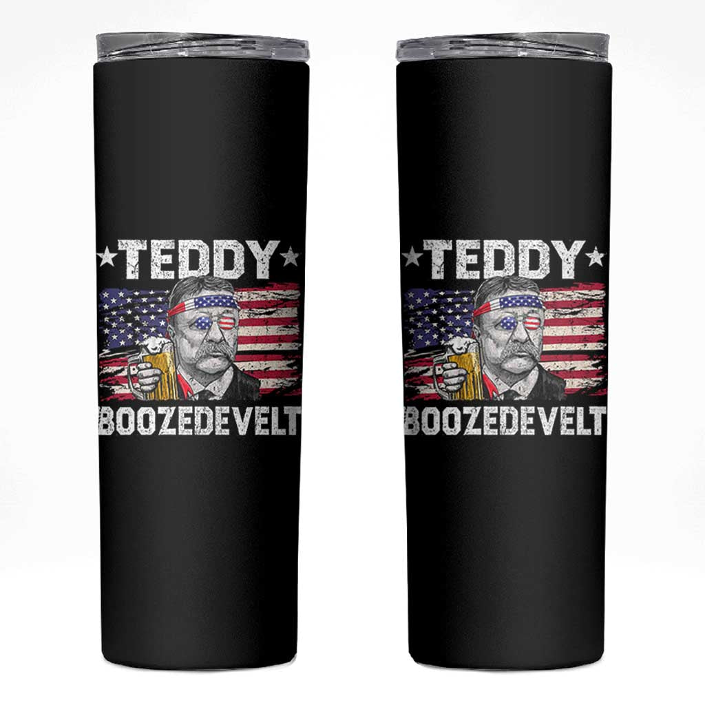 Funny Theodore Roosevelt 4th Of July Skinny Tumbler Teddy Boozedevelt Drinking American Flag - Wonder Print Shop