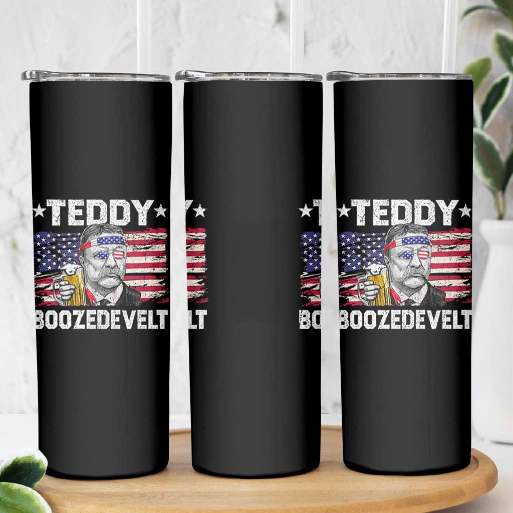 Funny Theodore Roosevelt 4th Of July Skinny Tumbler Teddy Boozedevelt Drinking American Flag - Wonder Print Shop
