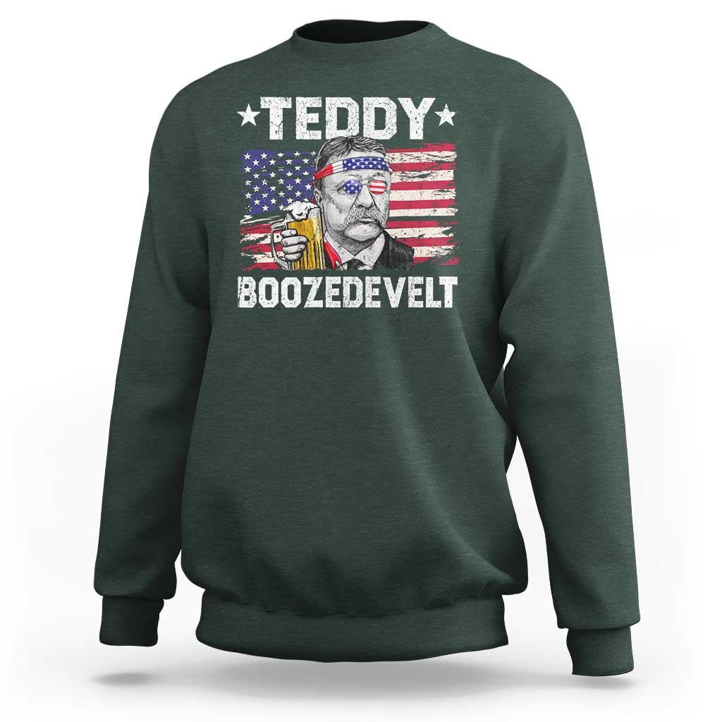 Funny Theodore Roosevelt 4th Of July Sweatshirt Teddy Boozedevelt Drinking American Flag - Wonder Print Shop